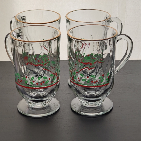 Vintage | Libbey Arby's 1987 Holly Berry glass Irish Coffee mugs with gold trim - Picture 2 of 16